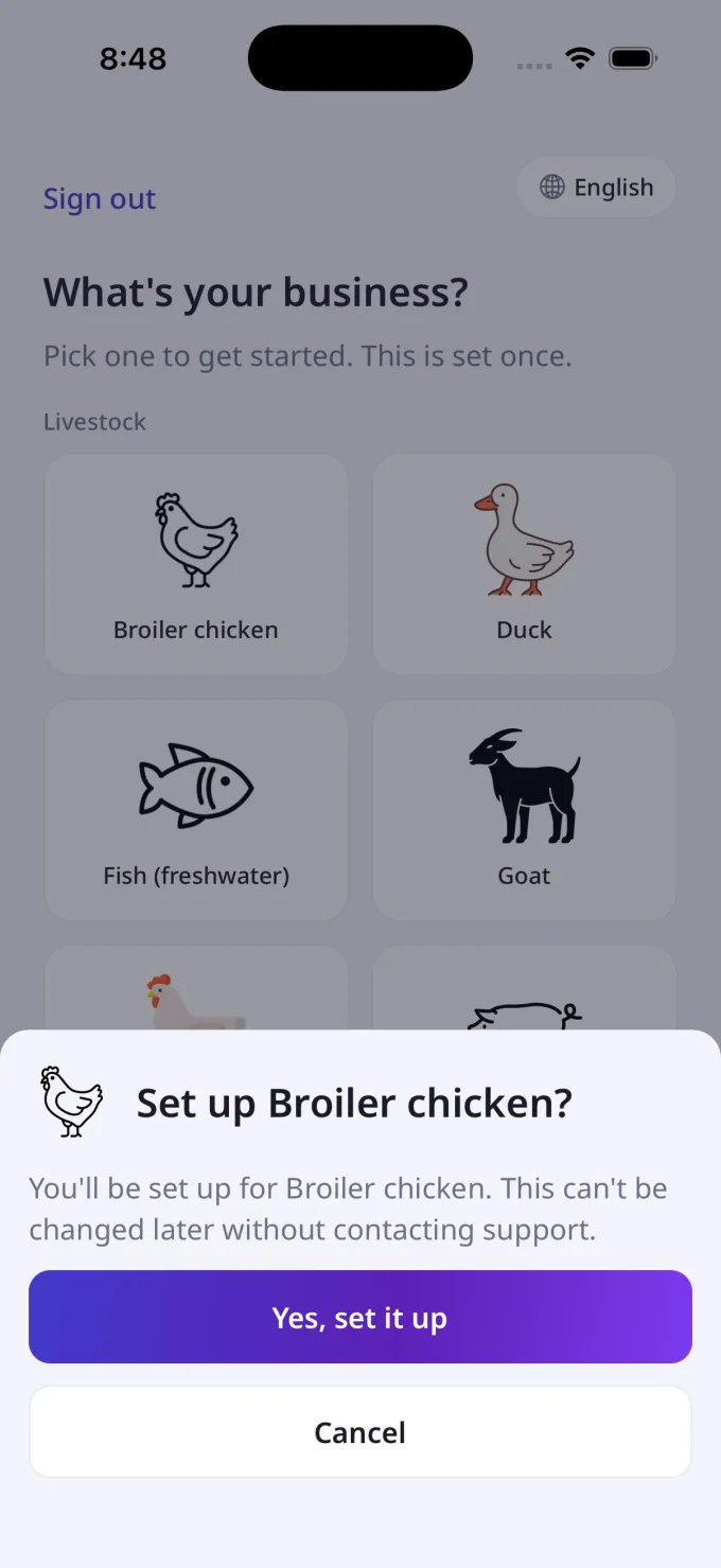 Confirm business bottom sheet asking Set up Broiler chicken