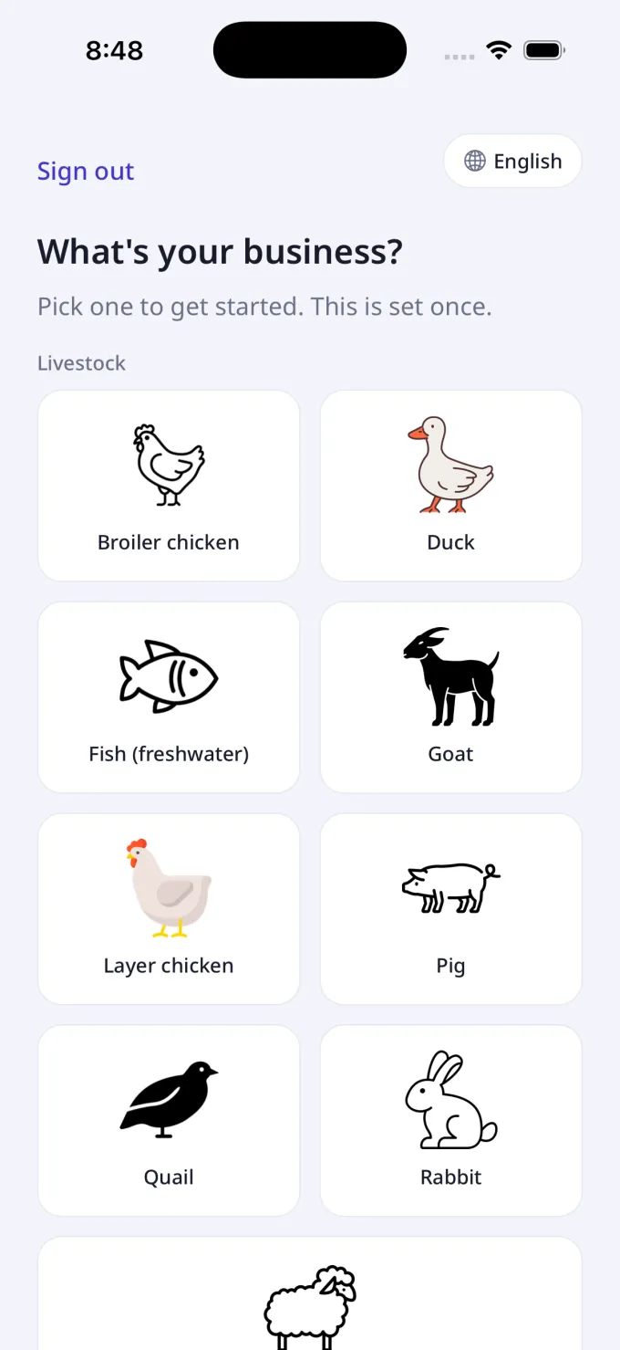 Choose your business grid with livestock, farming and daily selling categories