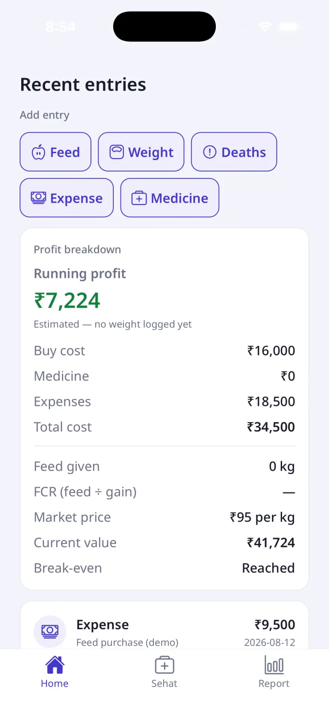 Batch detail with entry chips, profit breakdown and recent entries