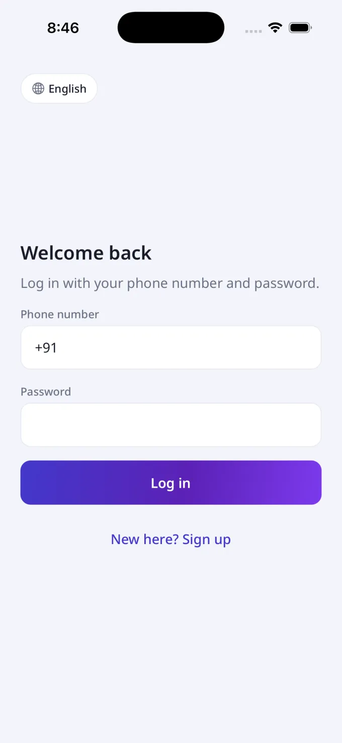 Welcome back login screen with phone number and password fields