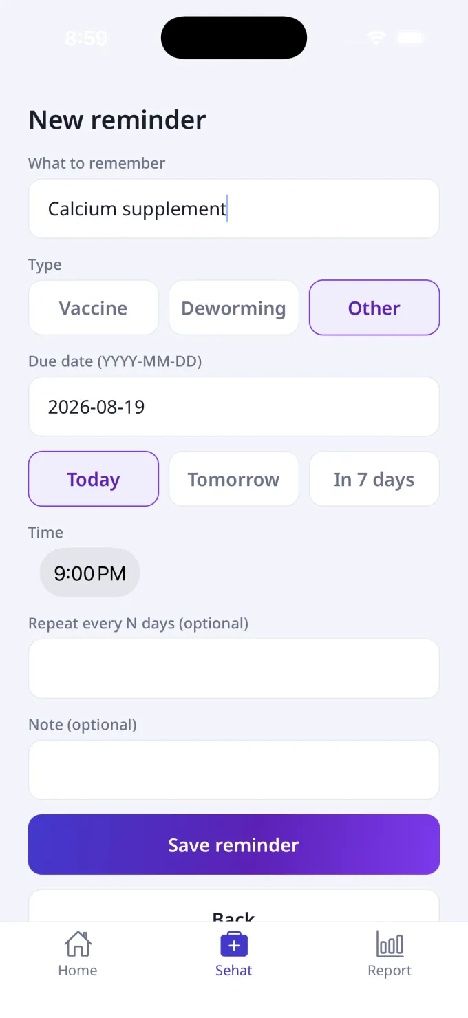New reminder form with type, date and time