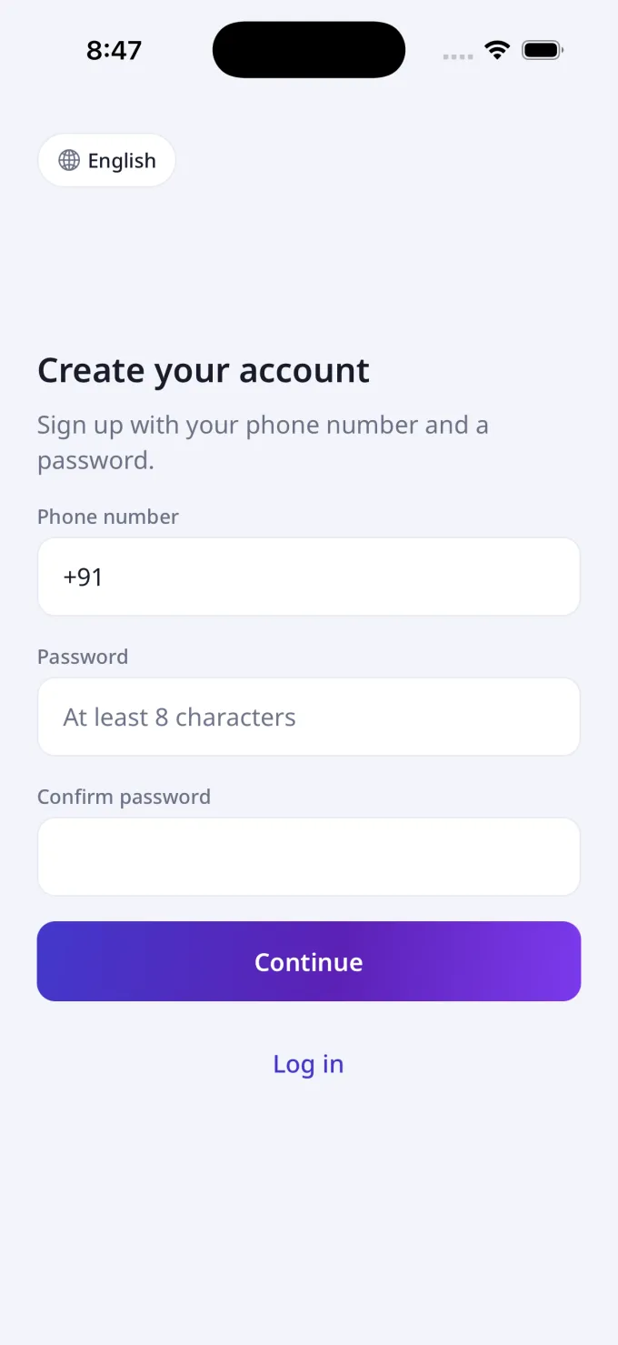 Create your account screen with phone number and password fields