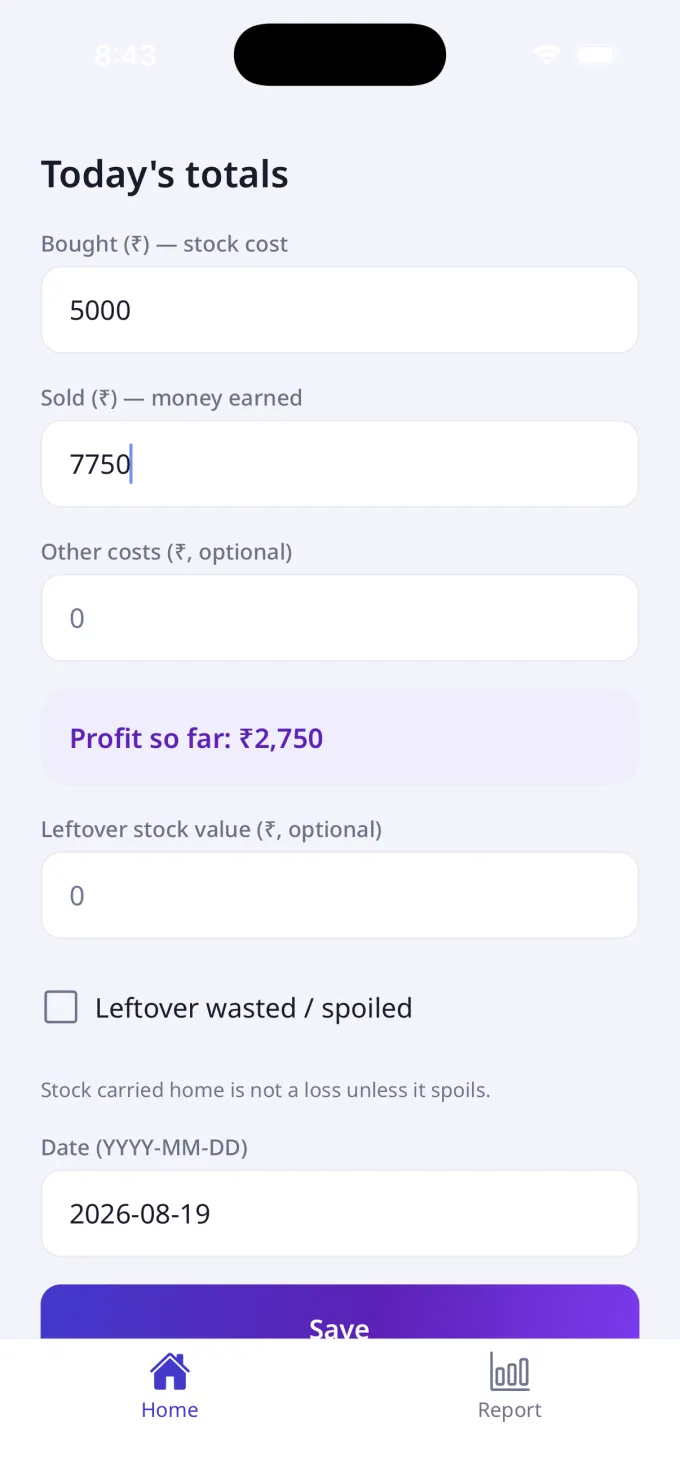 Vendor today's totals with live profit