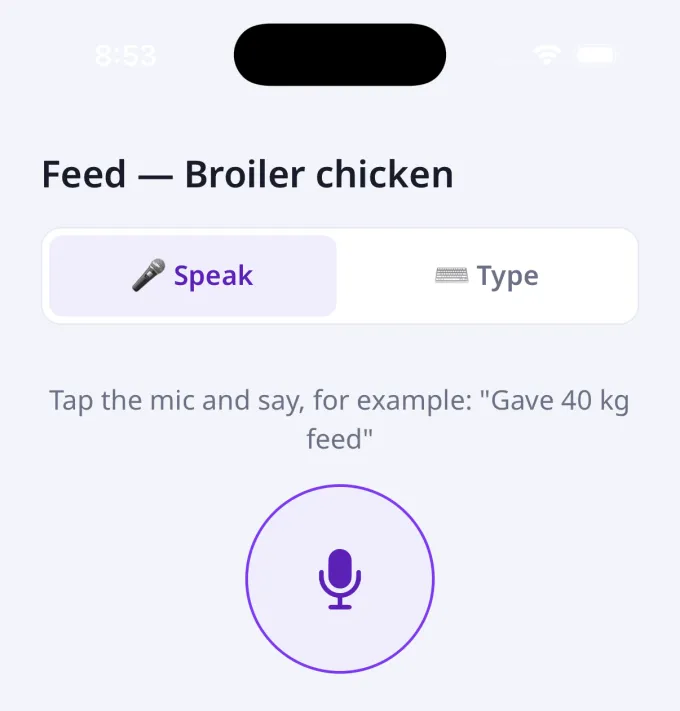 Voice entry screen with a large microphone button and a spoken-example hint
